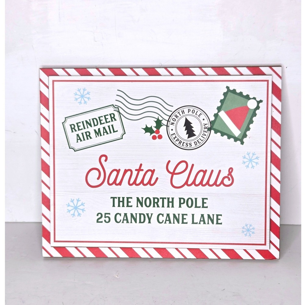 Santa Claus Letter Wall Decor Old Fashioned Peppermint Ribbon Green and Red